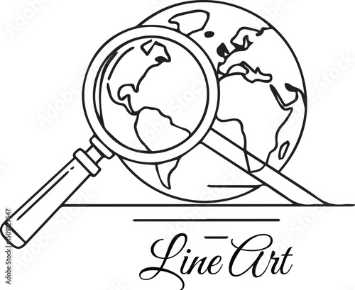 Globe with Magnifying Glass Line Art