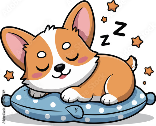 corgi sleeping on blue pillow with dots