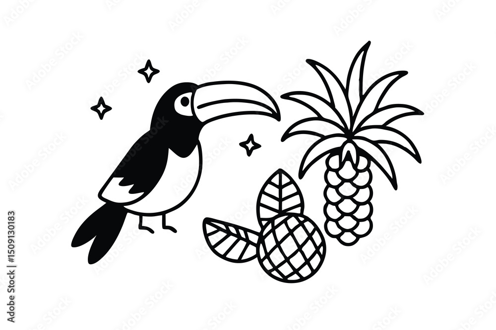 Obraz premium Toucan tropical bird pineapple palm tree line art illustration