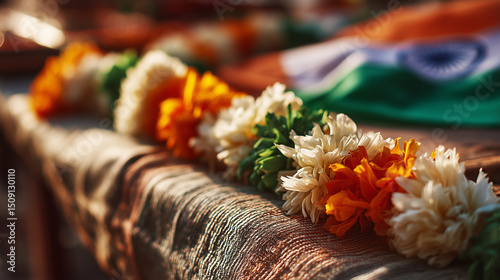 Vibrant marigold garlands in saffron, white, and green on fabric, celebrating India's Independence Day spirit