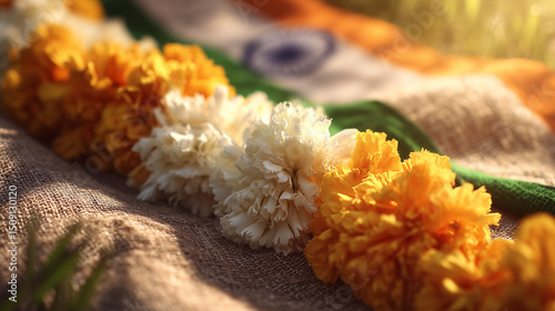 Vibrant marigold garlands in saffron, white, and green on fabric, celebrating India's Independence Day spirit