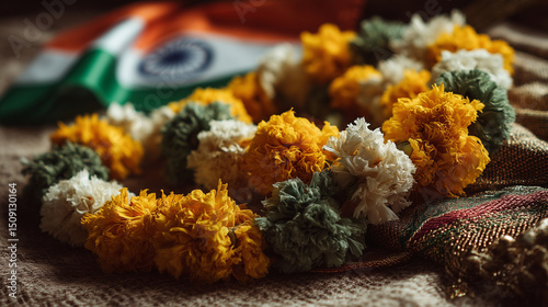 Vibrant marigold garlands in saffron, white, and green on fabric, celebrating India's Independence Day spirit