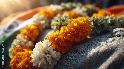 Vibrant marigold garlands in saffron, white, and green on fabric, celebrating India's Independence Day spirit