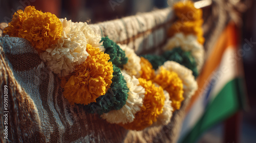 Vibrant marigold garlands in saffron, white, and green on fabric, celebrating India's Independence Day spirit