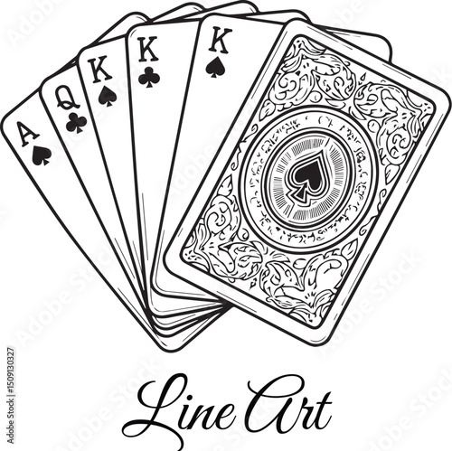 Royal Flush of Spades Line Art