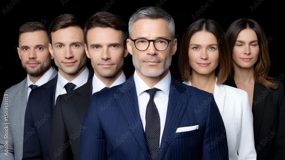 Professional Team: A striking ensemble of focused business professionals, poised and confident in a refined business setting, creating an image of expertise and leadership.