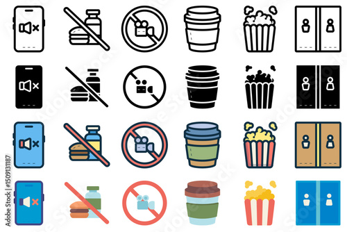 Cinema service icon set related to mute, silent, smartphone, mobile phone, no food allowed, no recording, popcorn, drink, coffee, toilet. vector illustration with line, outline, glyph, lineal color, a