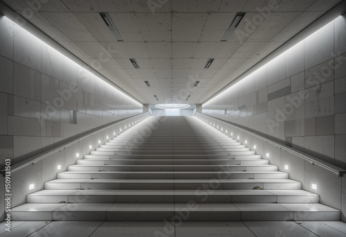 A long  empty  white staircase with a lighted ceiling