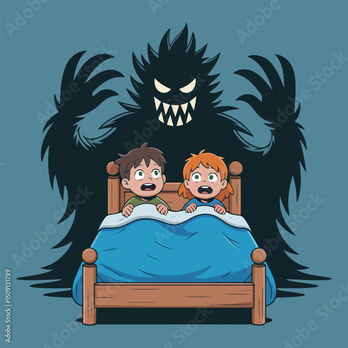 children scared by shadow monster in bed