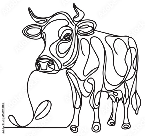 Single Line Art Cow Illustration: Minimalist Continuous Line Drawing of a Farm Animal, Modern Black and White Graphic Design