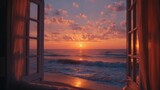 Beautiful ocean sunset view through an open window with soft curtains fluttering