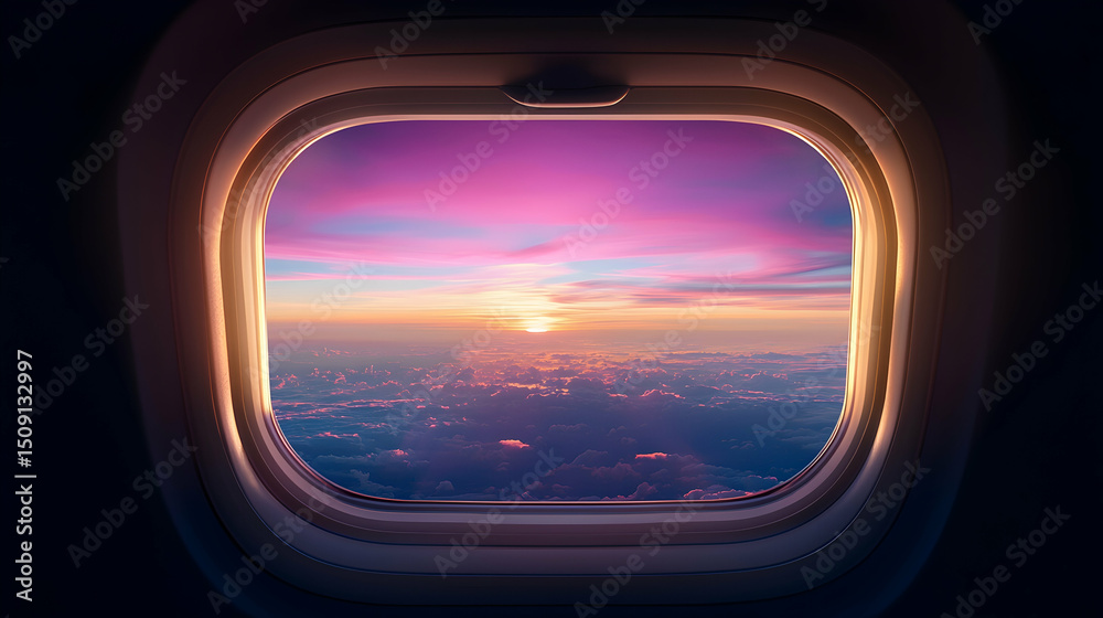 Naklejka premium Airplane Window View of Sunset Over City Lights
