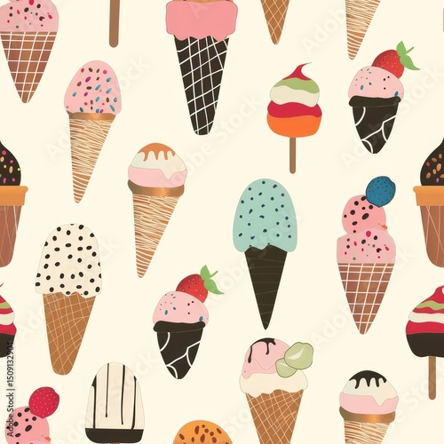 A seamless pattern of colorful ice cream cones with various flavors