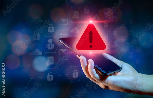 Hacker control and spying on your mobile phone. Symbol of caution in the use of cell phones.Alert Email inbox and spam virus with warning caution for notification on internet letter security protect