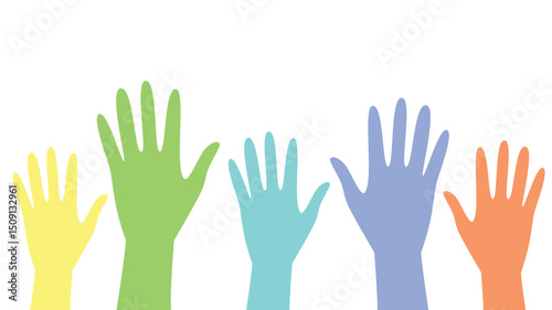 Illustration of colorful hands raised in unity, symbolizing volunteerism, teamwork, and inclusive social participation.