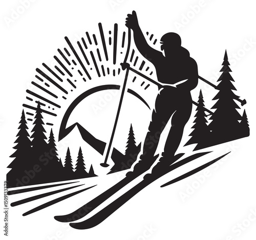 Silhouette Skiing Illustration: Skier on Mountain with Trees, Sunburst, and Vintage Style for Winter Sports and Outdoor Adventure