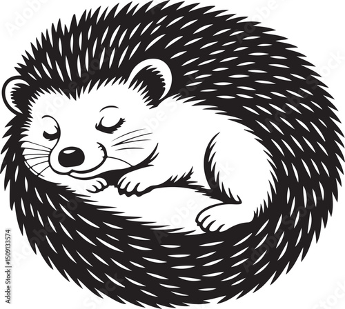 sleeping hedgehog linocut style illustration