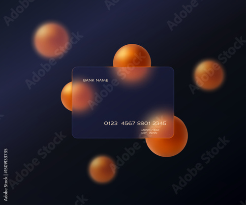 Dark credit card in glass morphism style with orange spheres on futuristic background.