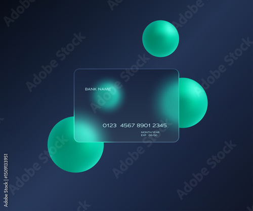 Minimalist credit card with glowing green spheres on a dark gradient background, representing digital banking and fintech.