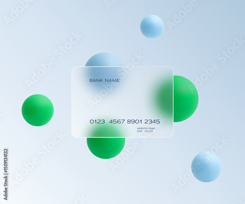 Bright vector image with frosted glass-style credit card and floating green and blue spheres, representing digital banking and fintech.