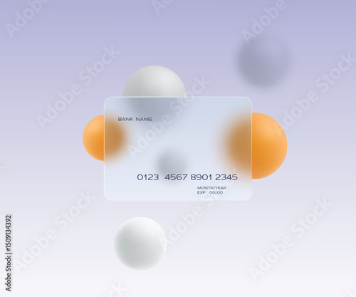 Clean vector credit card with soft glass morphism style and floating orange and white spheres on a light purple gradient, perfect for fintech and banking.