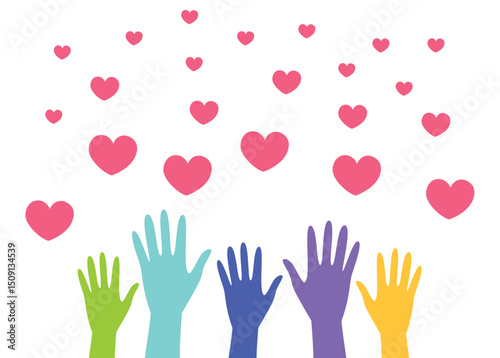Diverse raised hands stretch upward toward floating hearts, symbolizing love, generosity, and collective community effort.