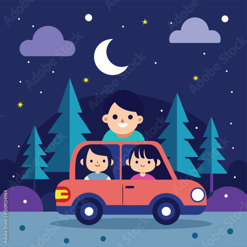 Join a joyful family journey as they travel by car at night, capturing the essence of adventure and togetherness under the stars. This illustration brings to life the magic of nighttime travel.
