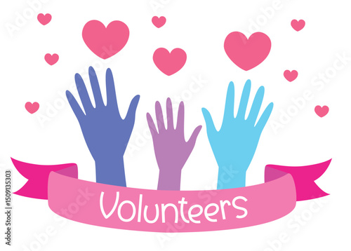 Bright volunteer illustration with raised colorful hands, pink hearts, and a ribbon banner, symbolizing love and community support.