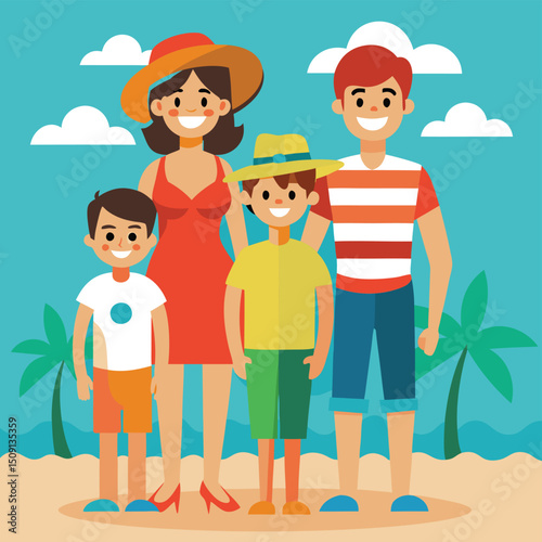Discover joyful beach-themed icons featuring a happy family with children in vibrant beach clothing, capturing the essence of summer fun and relaxation in colorful vector style.
