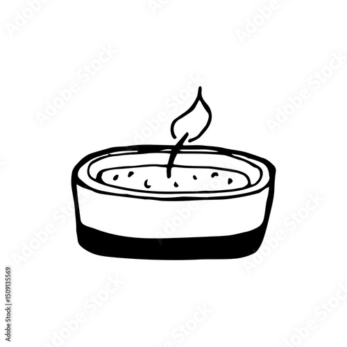 Burning candle in a low candlestick. Hand-drawn black and white illustration. Attribute of Christmas, Easter. Fire, warmth and comfort in the house, for a spa beauty salon.