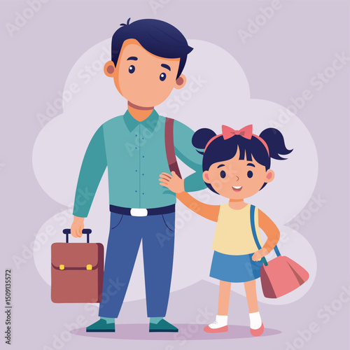 Experience the heartwarming journey of a father traveling with his little daughter in this endearing vector illustration. Capturing moments of love and adventure, it's a delightful depiction of family