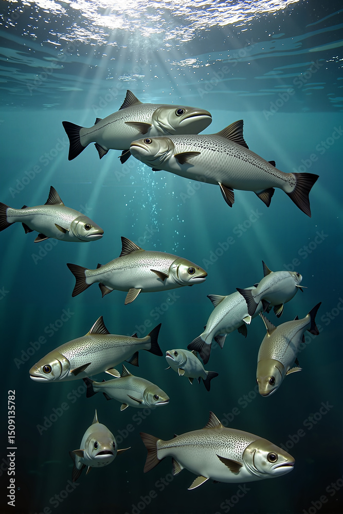 Fototapeta premium School of fish swimming underwater with rays of sunlight above 