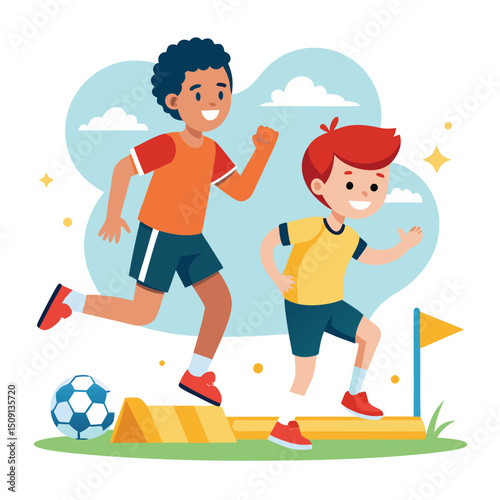 Explore our vibrant vector illustration depicting children engaged in energetic sports training, promoting active and healthy lifestyles