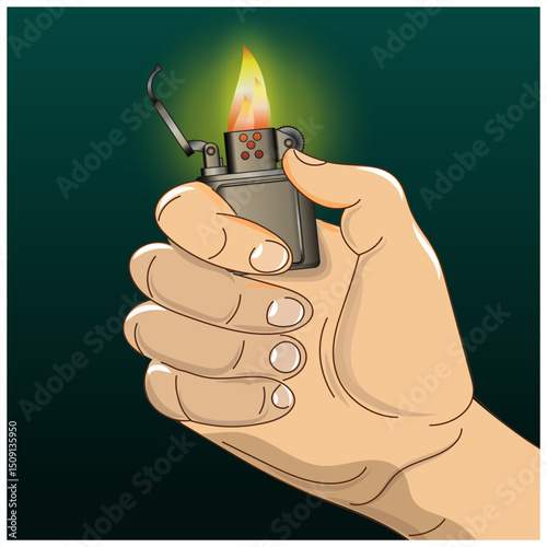 Burning lighter in hand. Poster, icon. Vector illustration