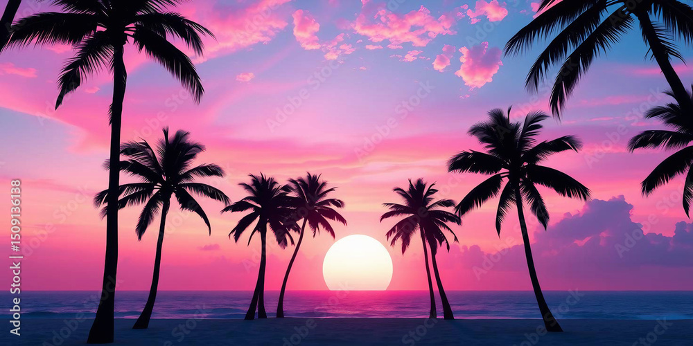 Neon sunset over tropical beach with palm trees silhouettes. Retro synthwave retrowave style. Night landscape vacation travel concept. Pink, blue, purple colors. Summer party vibe 