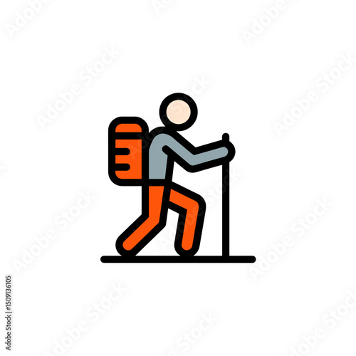 man with a backpack and a hiking stick exploring nature. Concept outdoor activities and exploration.