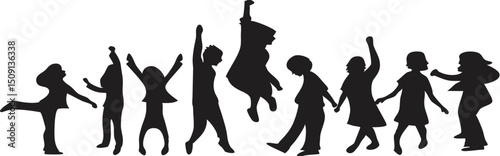 Silhouettes of happy people jumping and dancing on white