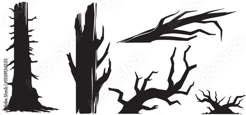 Broken tree silhouettes. Fallen wood. Branches and trunks. dead tree silhouette vector