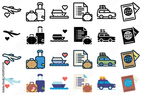 Honeymoon vacation icon set related to flight, luggage, cruise ship, itinerary, car, passport and others. vector illustration with line, outline, glyph, lineal color, flat style