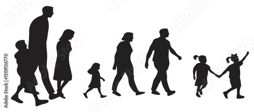 Happy family silhouettes walking together on white background