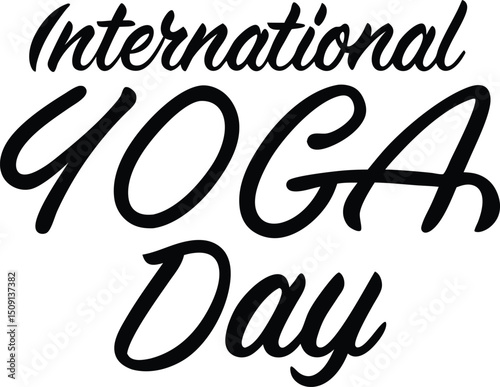 International yoga day black text calligraphic design isolated on white background for holiday celebrations and wellness events