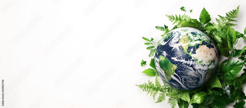 Earth globe covered with lush green plants against a white background, symbolizing environmental conservation, sustainability, and nature's growth Earth globe covered with lush green plants against a white background, symbolizing environmental conservation, sustainability, and nature's growth