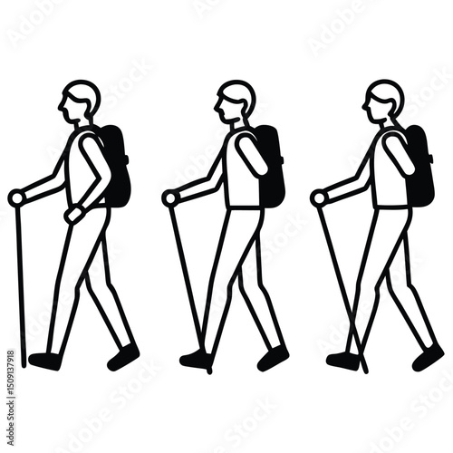 Hiking Trekking Nordic Walking Illustration Three Hikers with Backpacks and Poles, SVG EPS Vector Graphic
