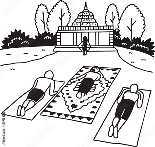 Simple vector illustration of people relaxing sunbathing outdoors near temple or historical landmark with lush green landscape