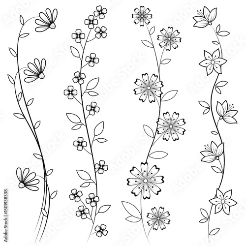 Vertical  black and white flowers garland.  Floral vignette. Outline illustration, isolated on white background, design elements 
