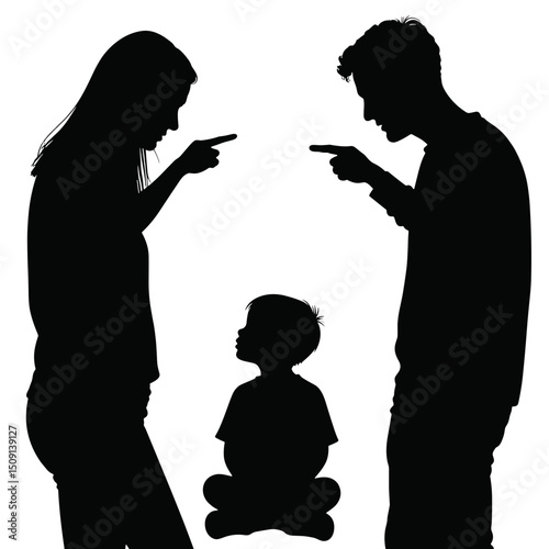 Silhouettes of quarreling parents and a child sitting between them during the conflict