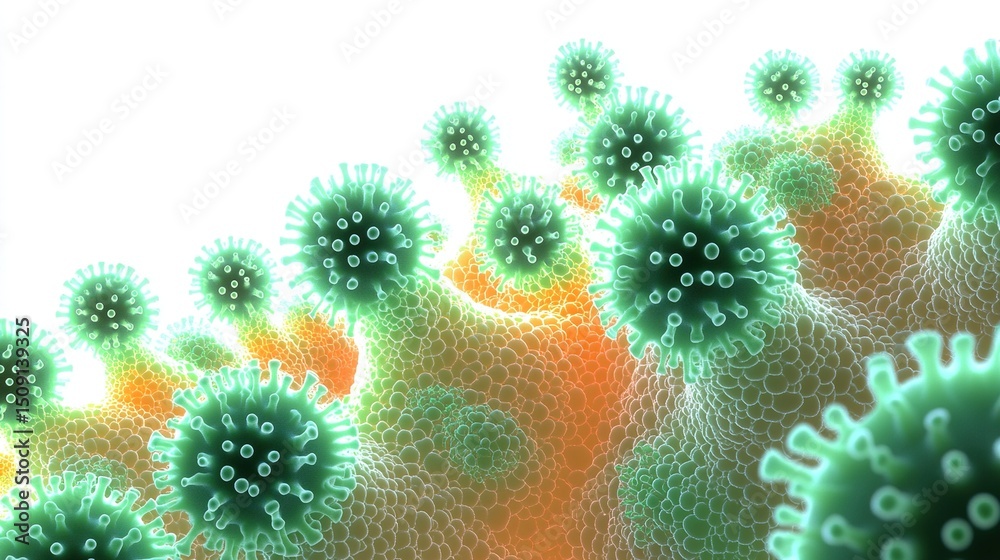Fototapeta premium Microscopic view of green viruses with orange and yellow textured background on solid background