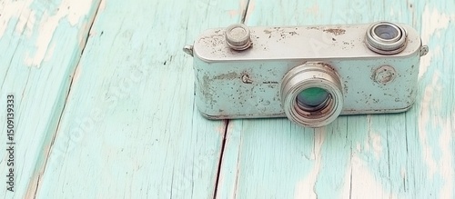 Vintage camera on light blue wood. Photography history