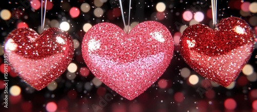 Glittery hearts hanging, bokeh background, Valentine's Day card