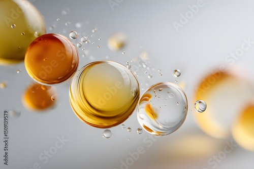 Close-up of transparent golden oil bubbles with smaller air bubbles inside, showcasing the texture and viscosity of the liquid